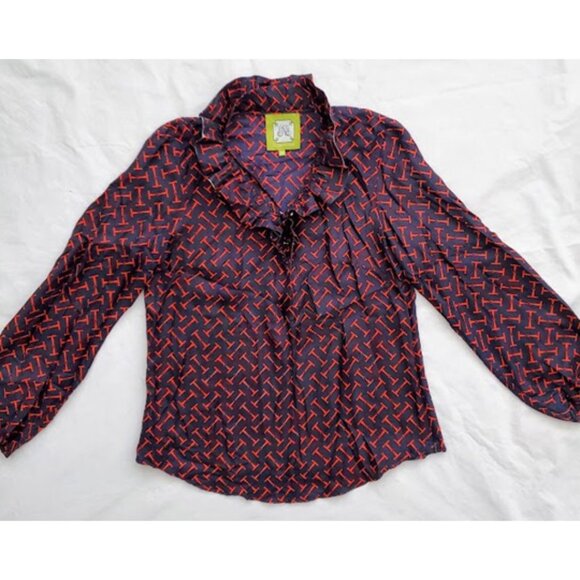 Elizabeth McKay Silk Ruffle Blouse Navy/Red Equestrian Chic T-Bar Print Top Sz 6 - Picture 6 of 13